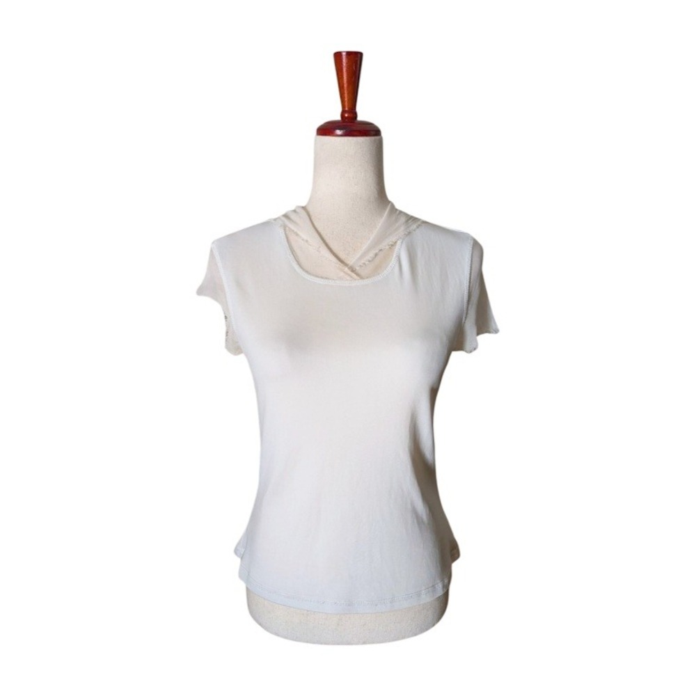 Poleci Cream Sheer Trim Cap Sleeve Hoodie Top Size L
